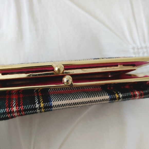 Vintage beige plaid fabric makeup clutch bag with mirror - Picture 6 of 9